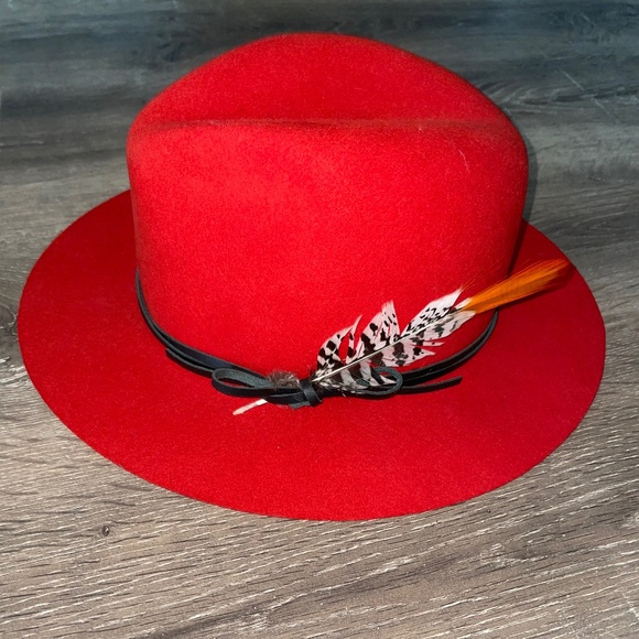 GOORIN BROS Red Hot 100% Wool Fedora Black Leather Strap W/Feather Size S main image 9